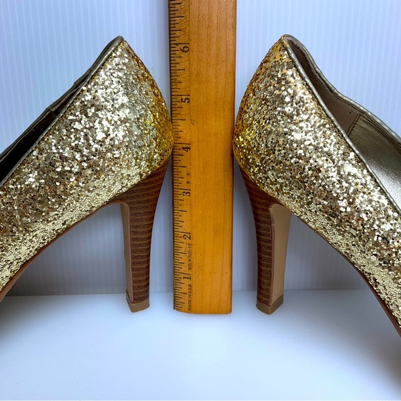 FIONI sz 8 Heels Open Toe Slight Platform Glitter Sparkly GOLD - Picture 9 of 11